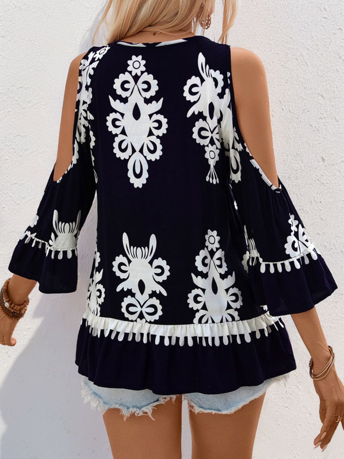 Perfee Tassel Printed Tie Neck Cold Shoulder Blouse