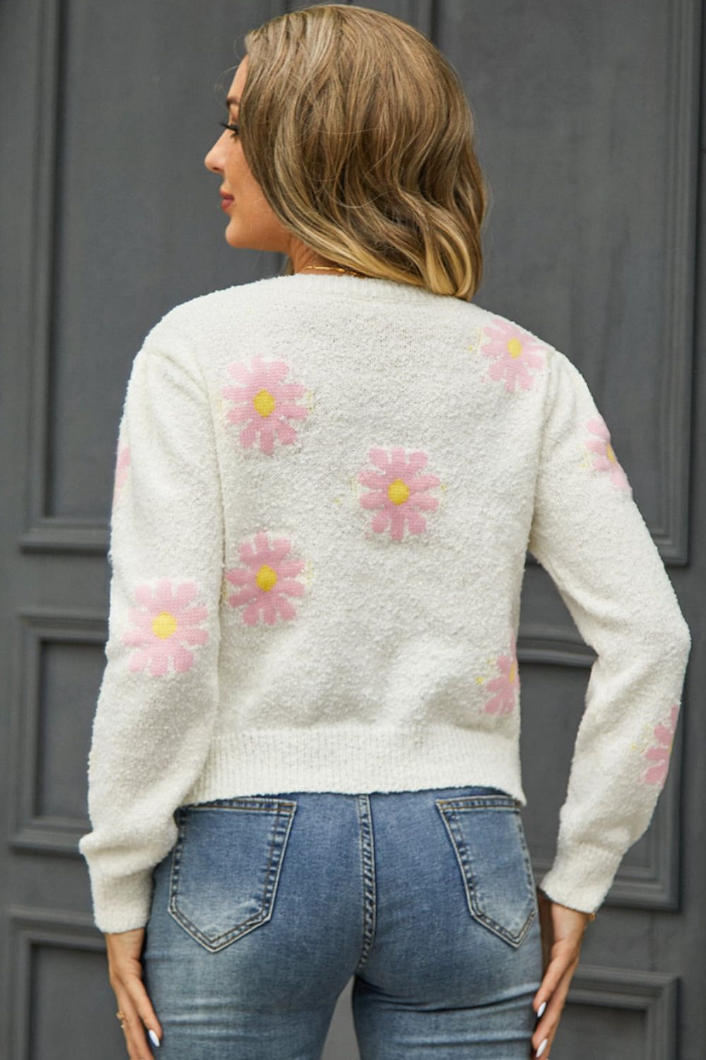 Angel Wings Flower Pattern Round Neck Short Sleeve Pullover Sweater