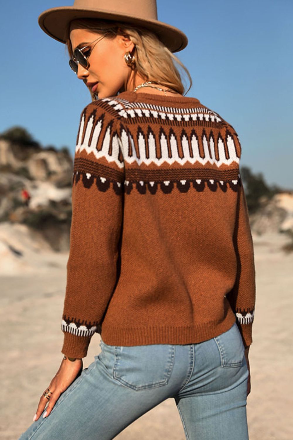 Perfee Woven Right Sweet and Casual Patterned Round Neck Sweater