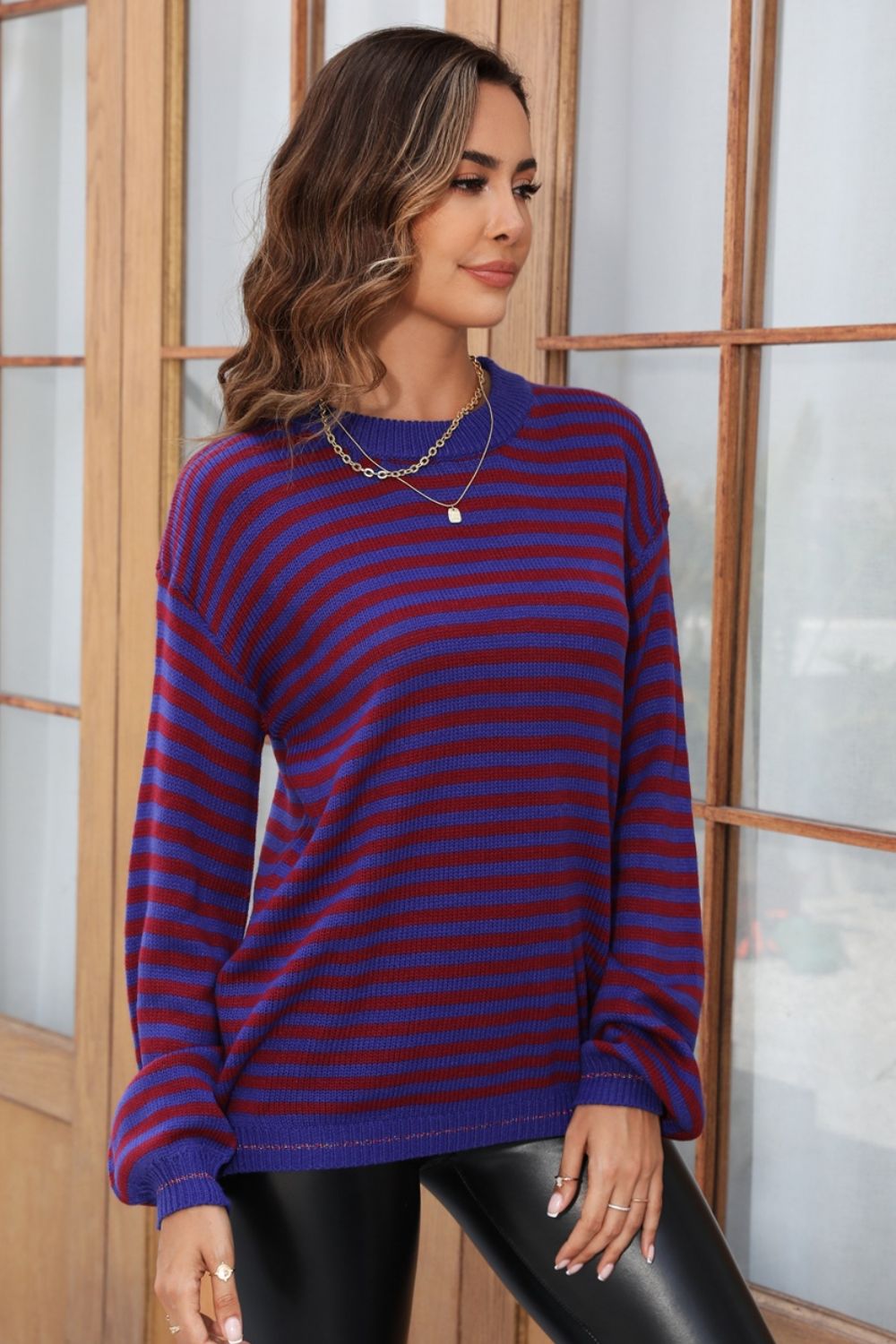 Angel Wings Striped Round Neck Dropped Shoulder Sweater