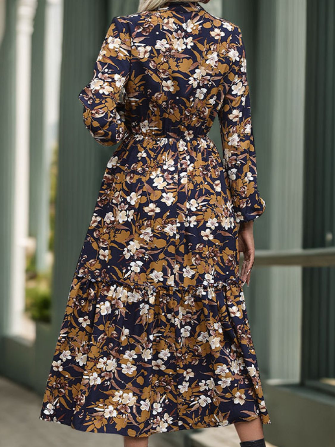 Perfee Printed Notched Long Sleeve Midi Dress