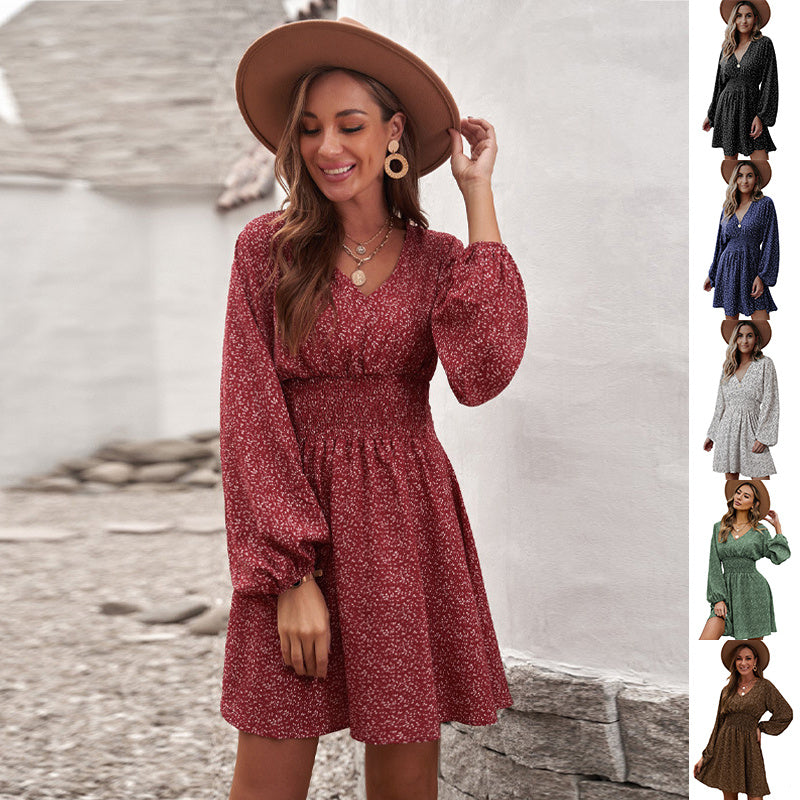 Polka Print Long Sleeve Dress V Neck Lantern Sleeve Pleated Waist Slim A-line Dress Women's Clothing