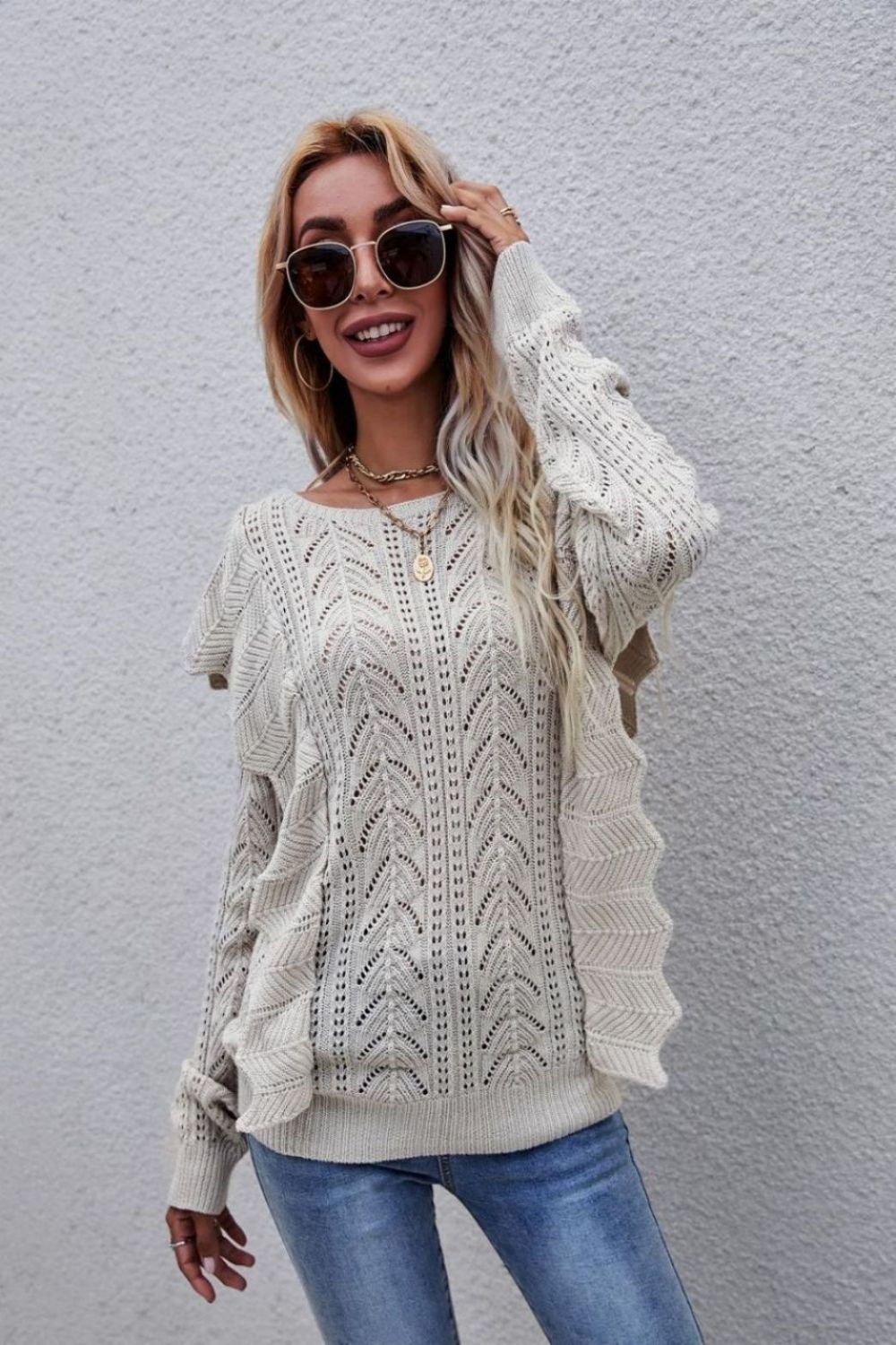 Angel Wings Openwork Round Neck Ruffled Sweater