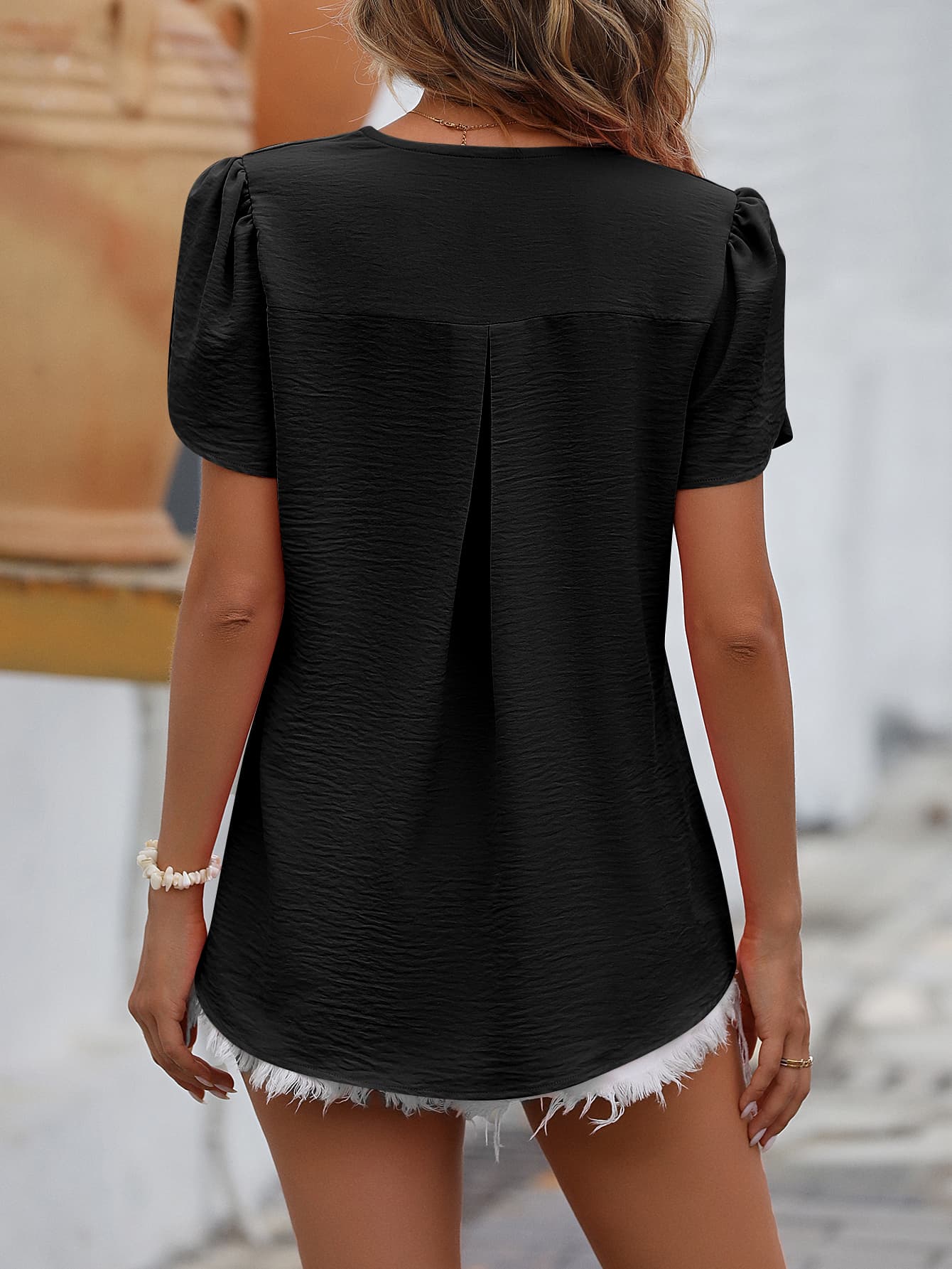 Mandy Ruche V-Neck Petal Sleeve Top