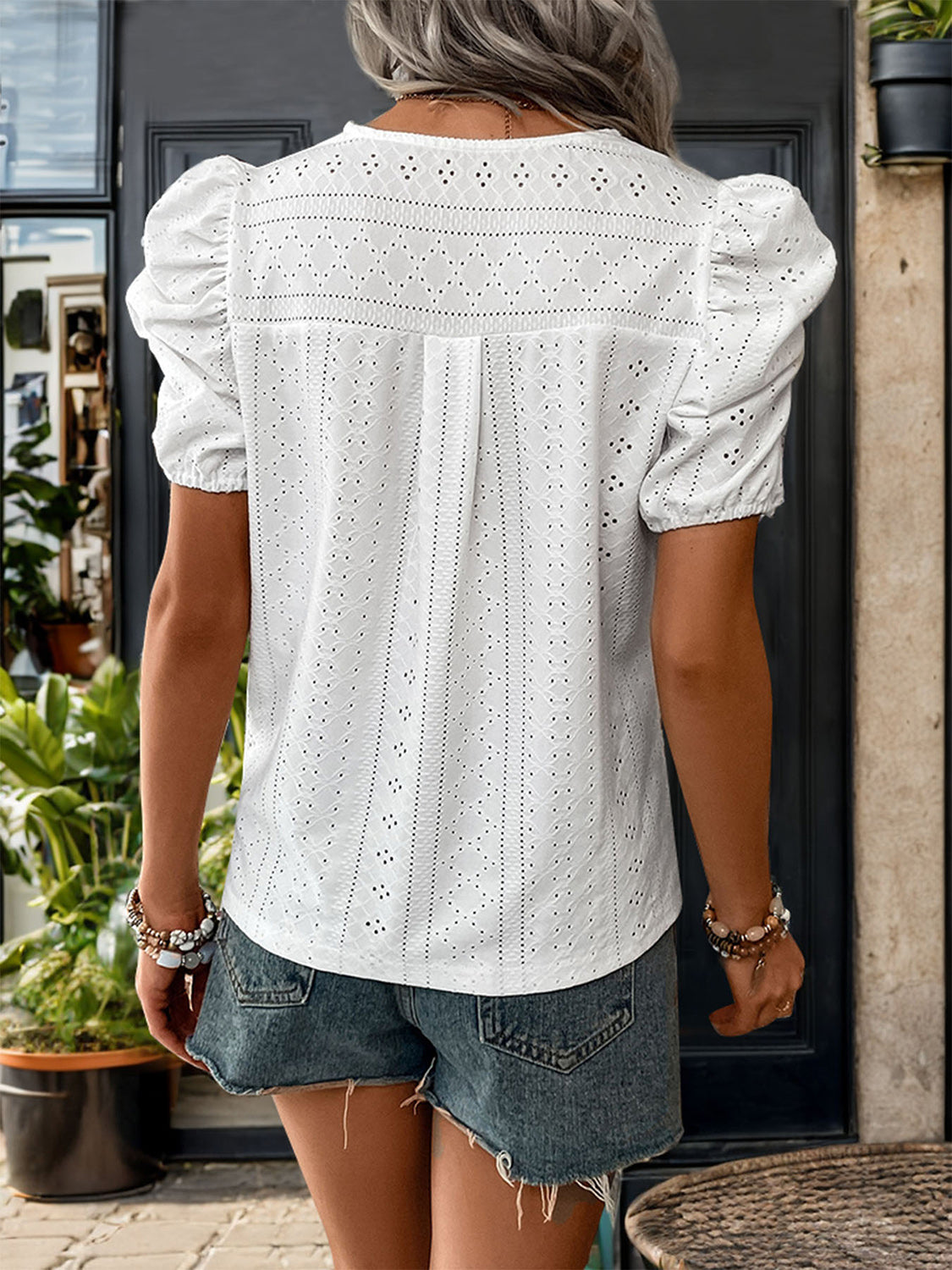 Perfee Lace Detail Eyelet V-Neck Short Sleeve Blouse