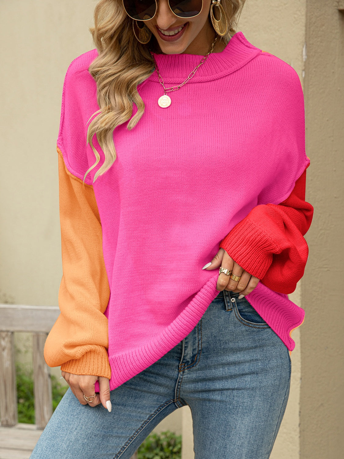 Angel Wings Color Block Dropped Shoulder Sweater