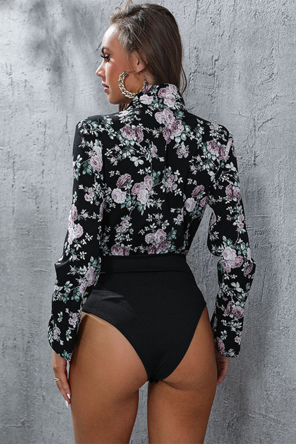 Perfee Floral Lapel Collar Spliced Bodysuit