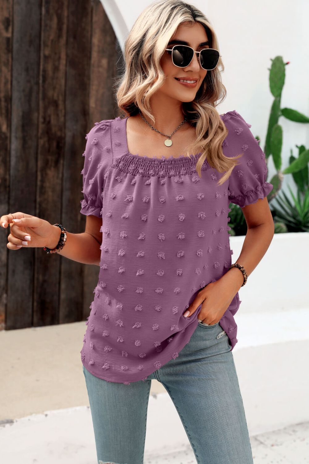 Mandy Swiss Dot Puff Sleeve Square Neck Blouse