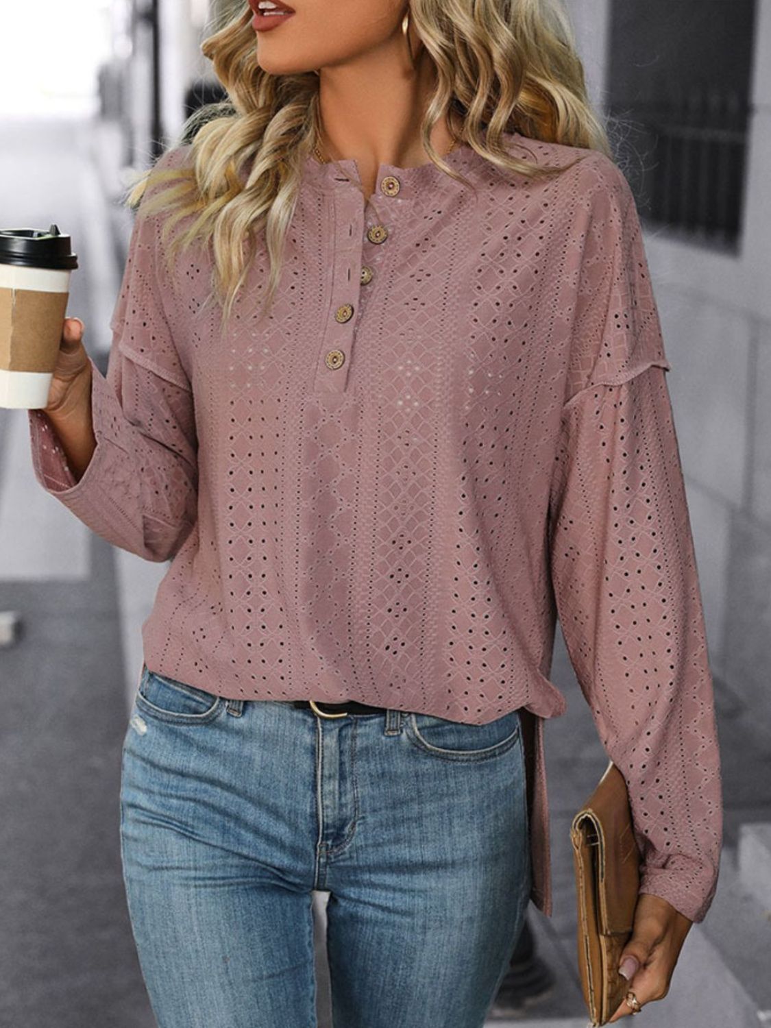 Perfee Eyelet Round Neck Long Sleeve Top