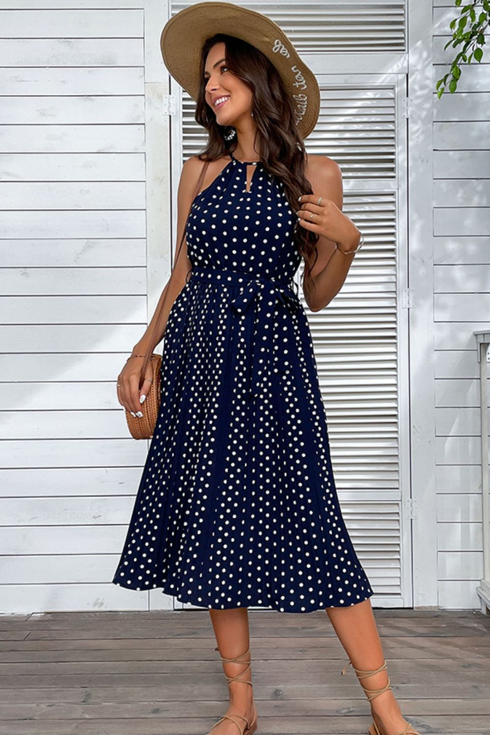 Perfee Polka Dot Tie-Waist Sleeveless Midi Dress