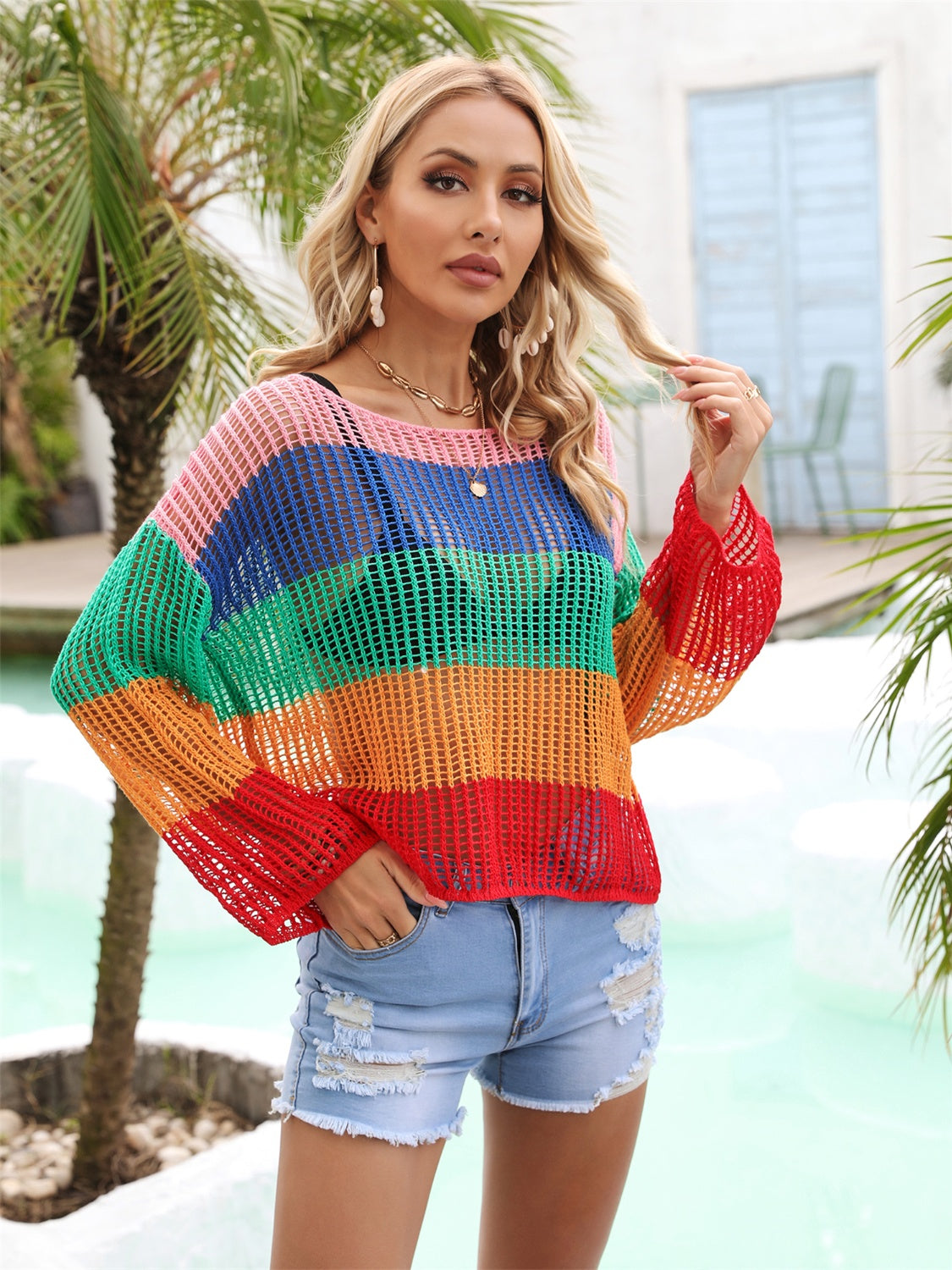 Angel Wings Color Block Openwork Boat Neck Cover Up