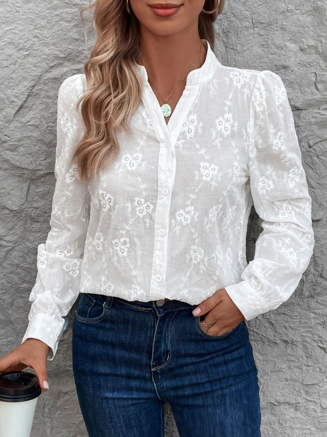 Perfee Notched Long Sleeve Shirt