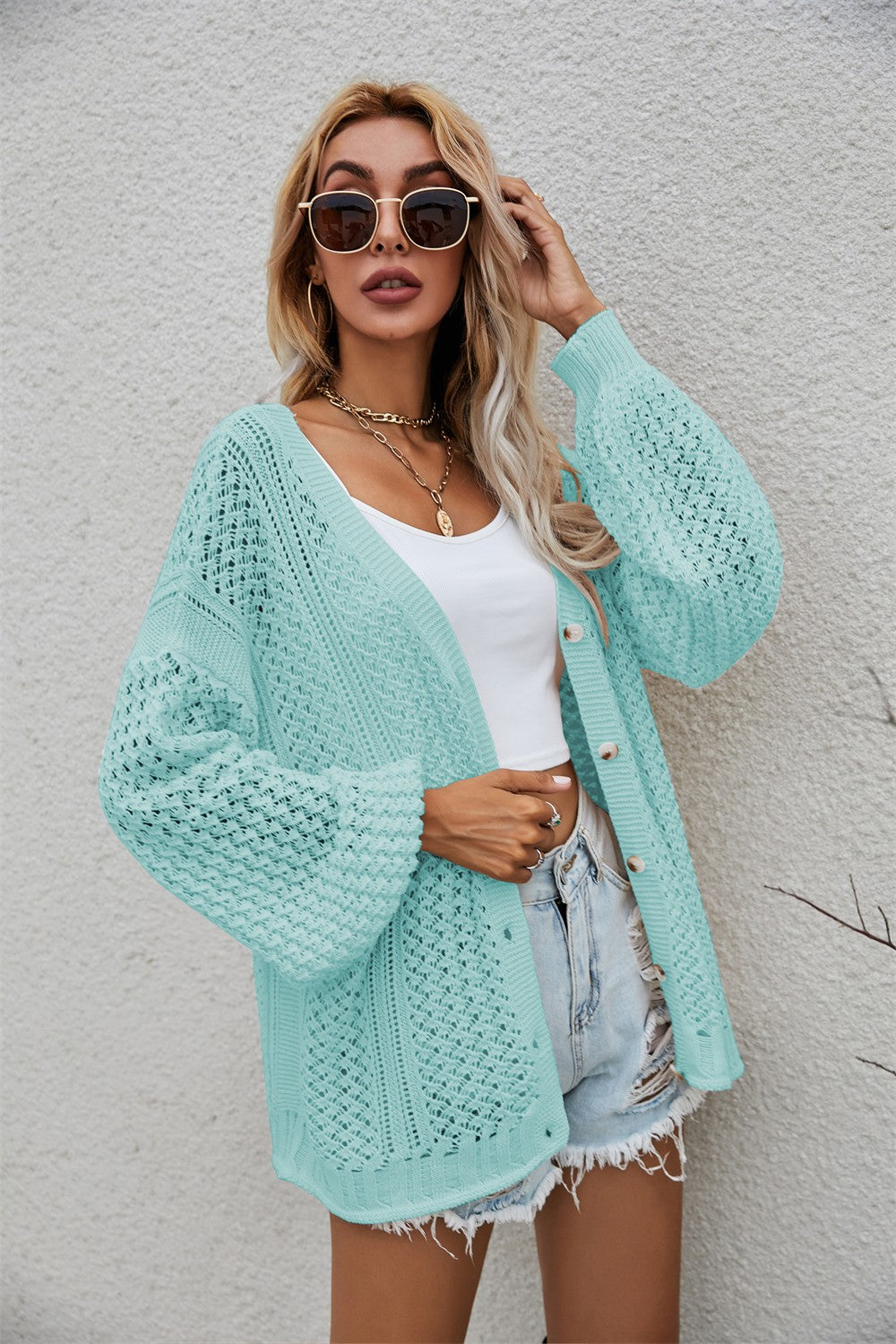 Angel Wings Openwork V-Neck Button Up Cardigan