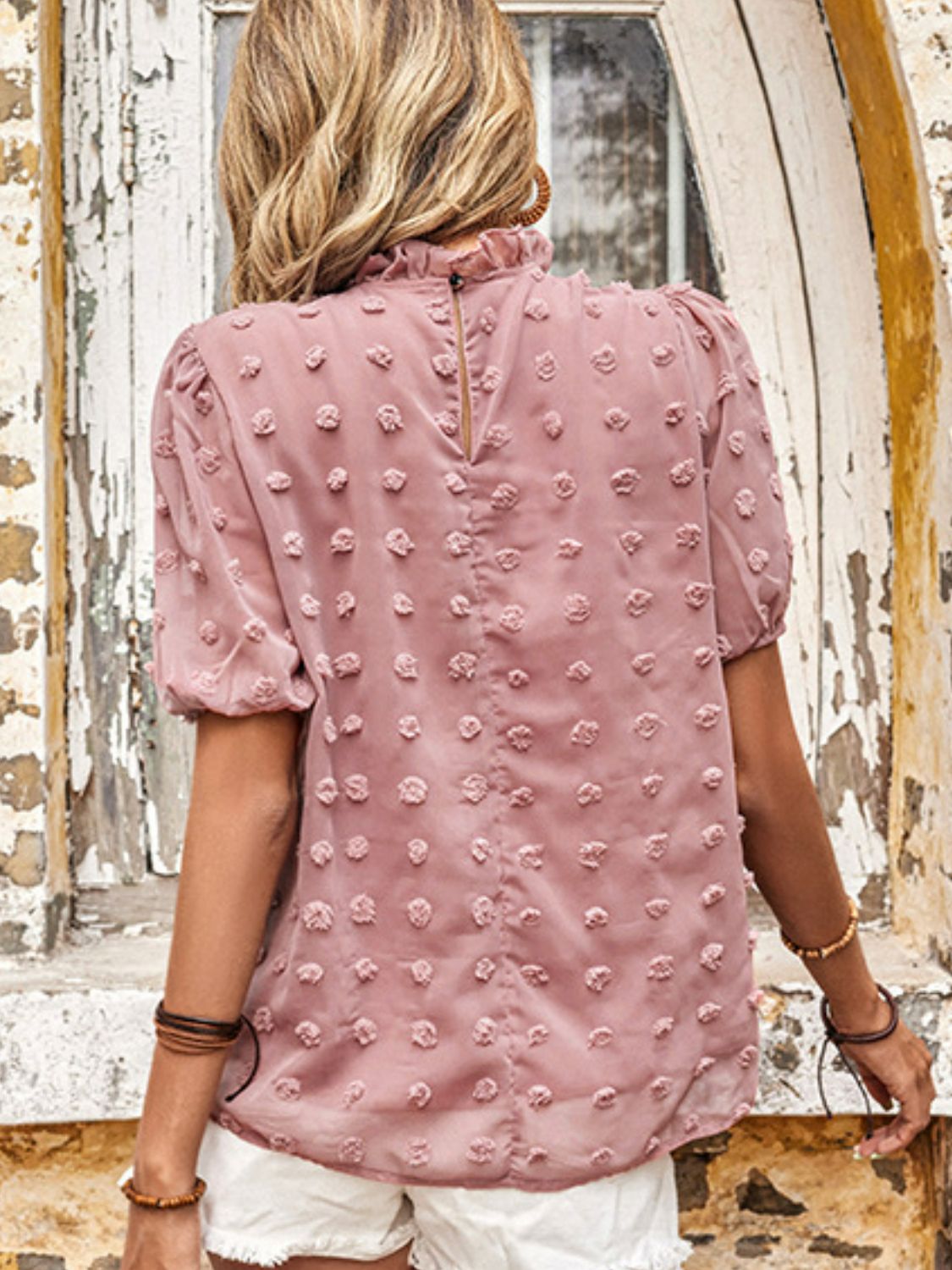 Perfee Swiss Dot Ruched Frill Trim Top