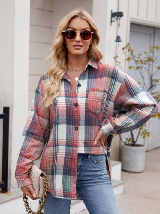 Mandy Pocketed Plaid Collared Neck Long Sleeve Shirt