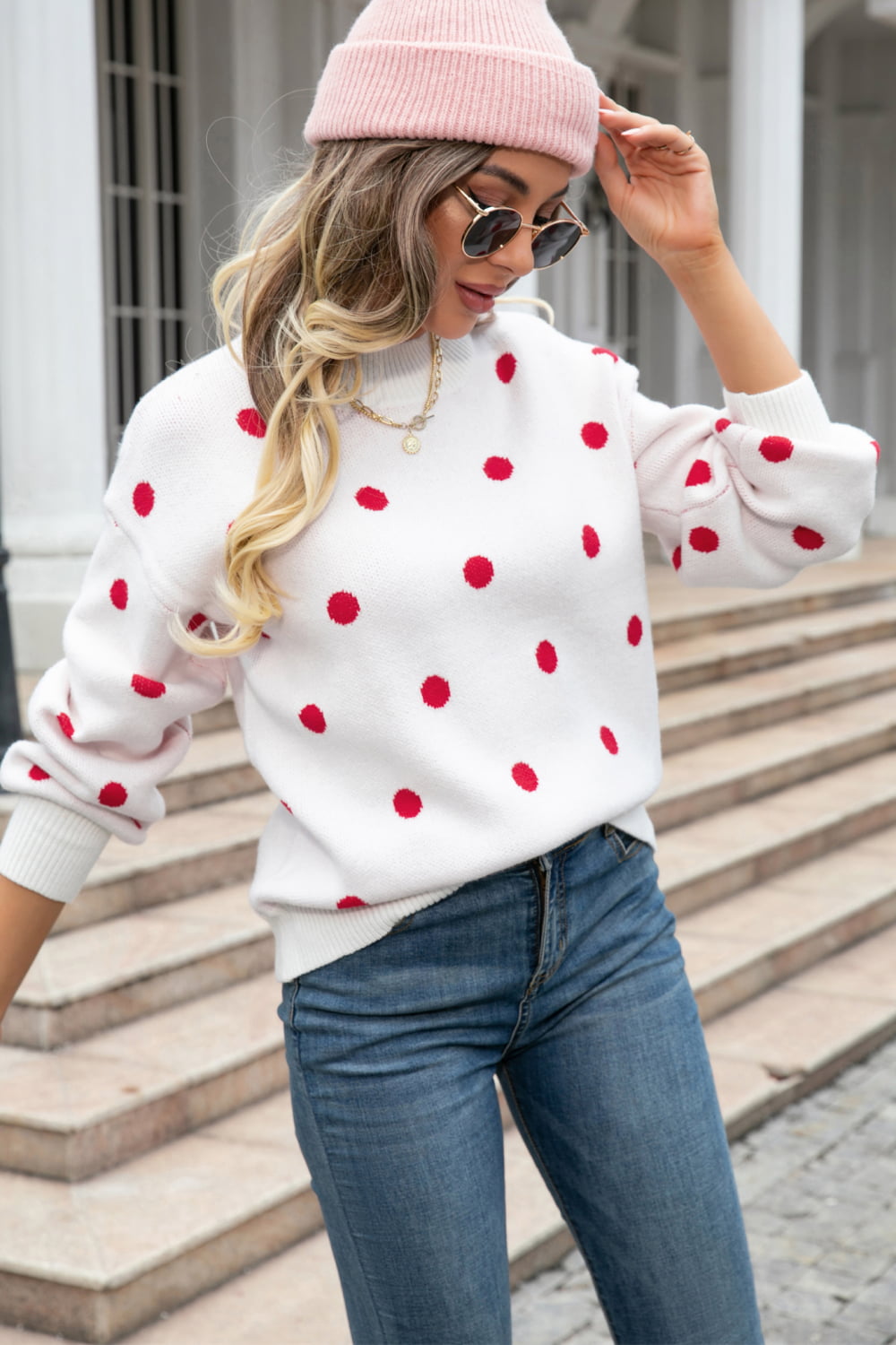 Angel Wings Woven Right Polka Dot Round Neck Dropped Shoulder Sweater