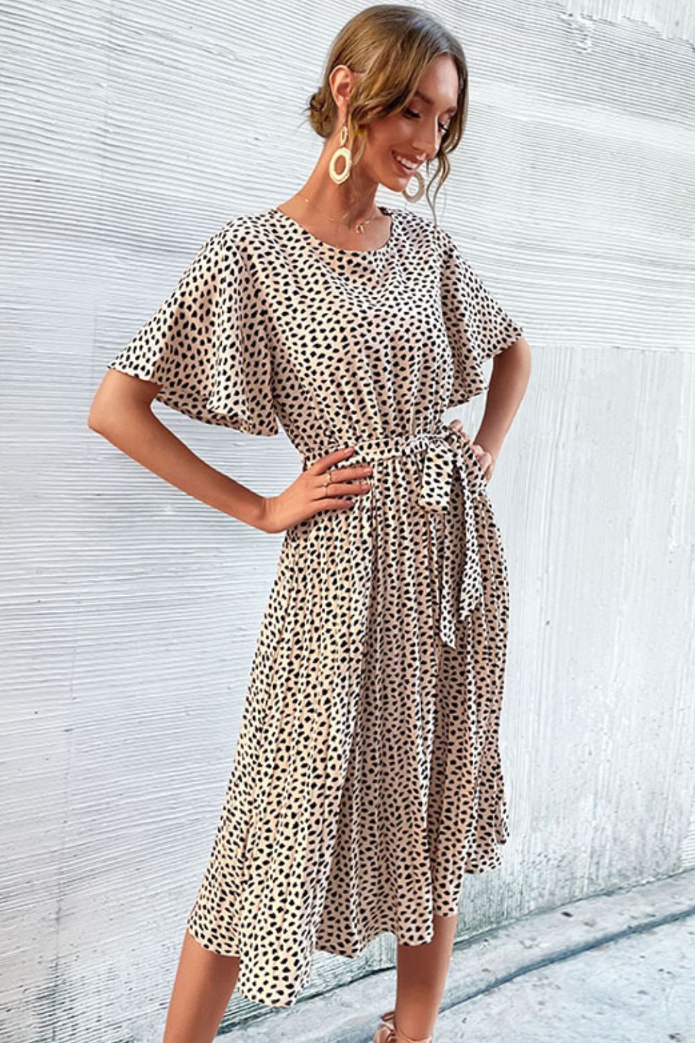 Perfee Animal Print Tie-Waist Pleated Dress