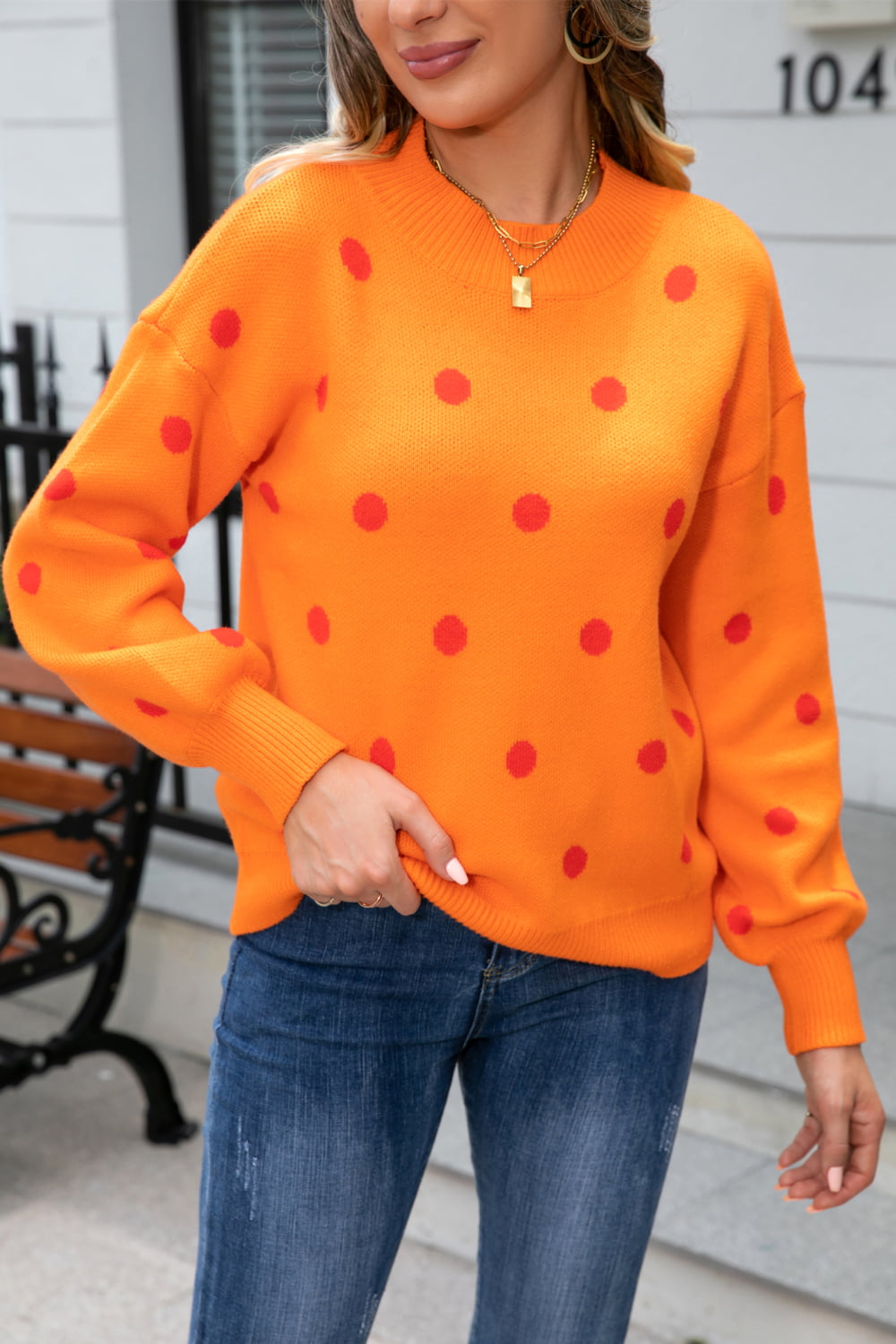 Angel Wings Woven Right Polka Dot Round Neck Dropped Shoulder Sweater