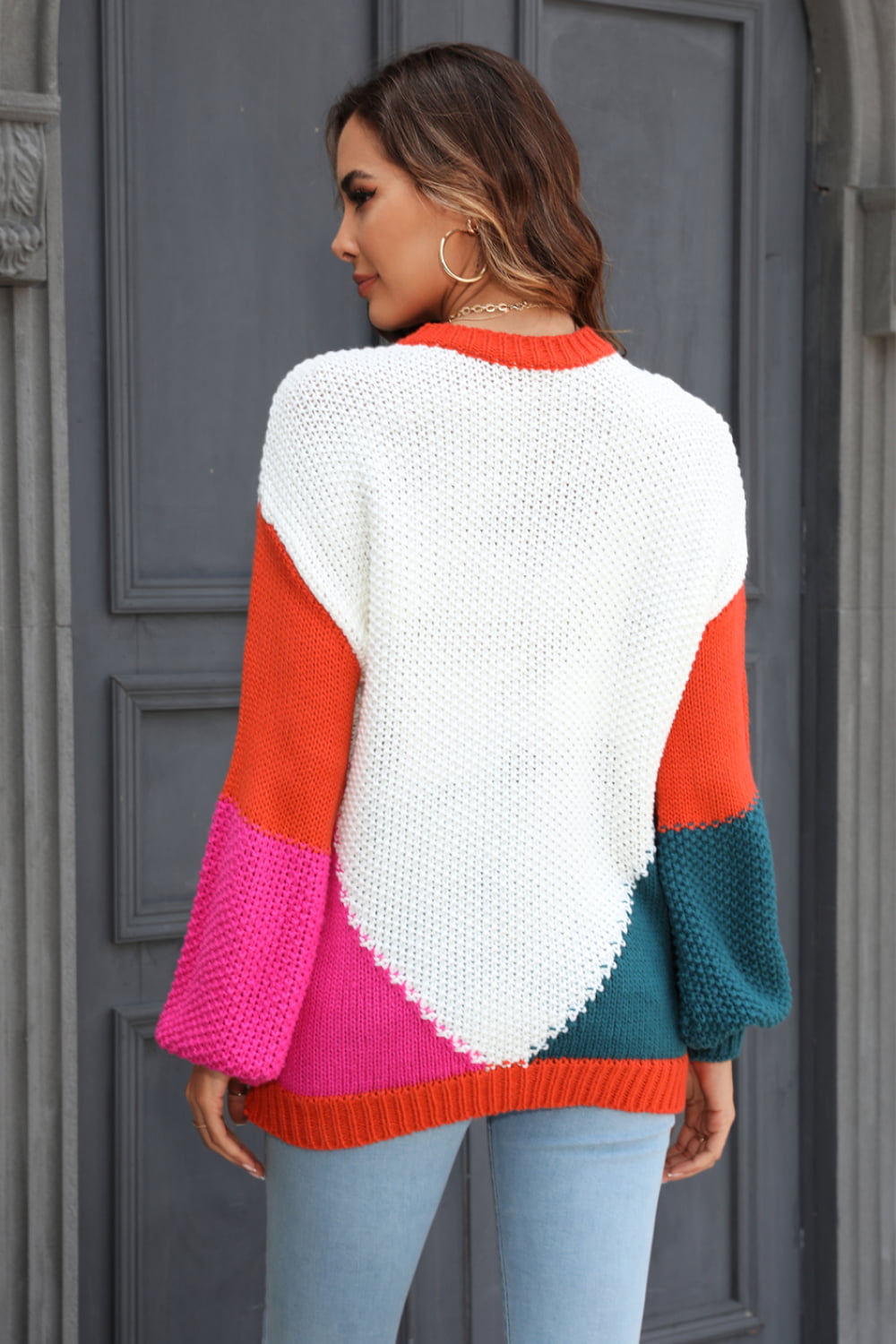 Angel Wings Color Block Round Neck Drop Shoulder Sweater