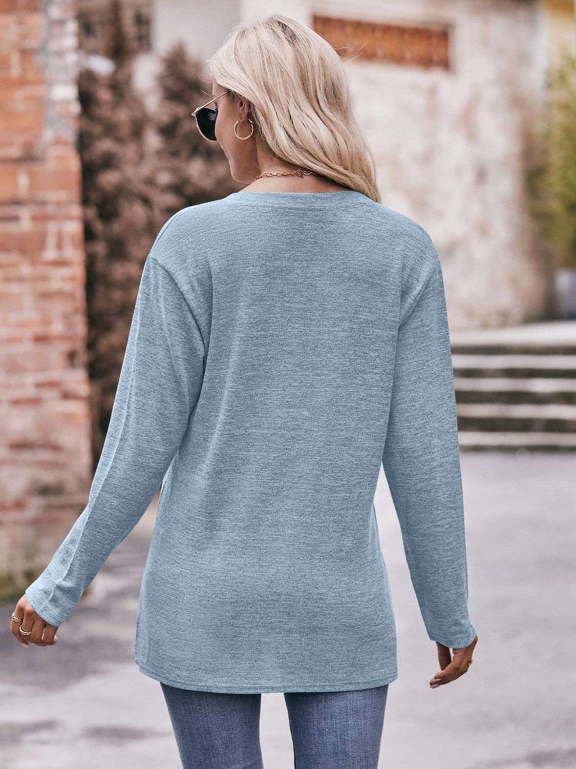 Mandy Buttoned Notched Neck Long Sleeve Top