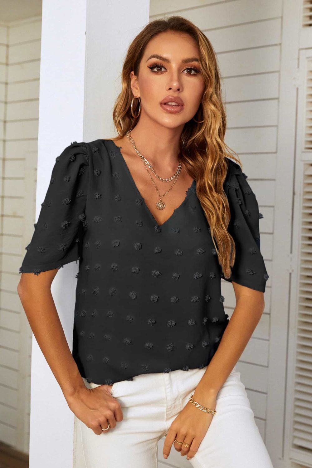 Mandy Swiss Dot V-Neck Puff Sleeve Blouse