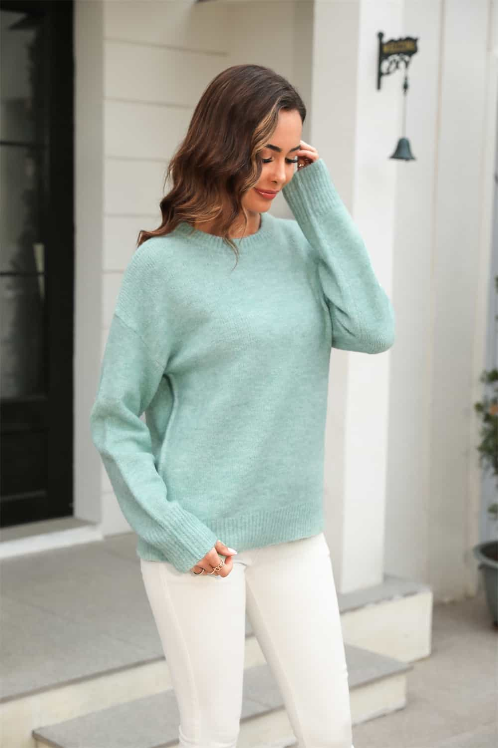 Angel Wings Round Neck Ribbed Long Sleeve Sweater