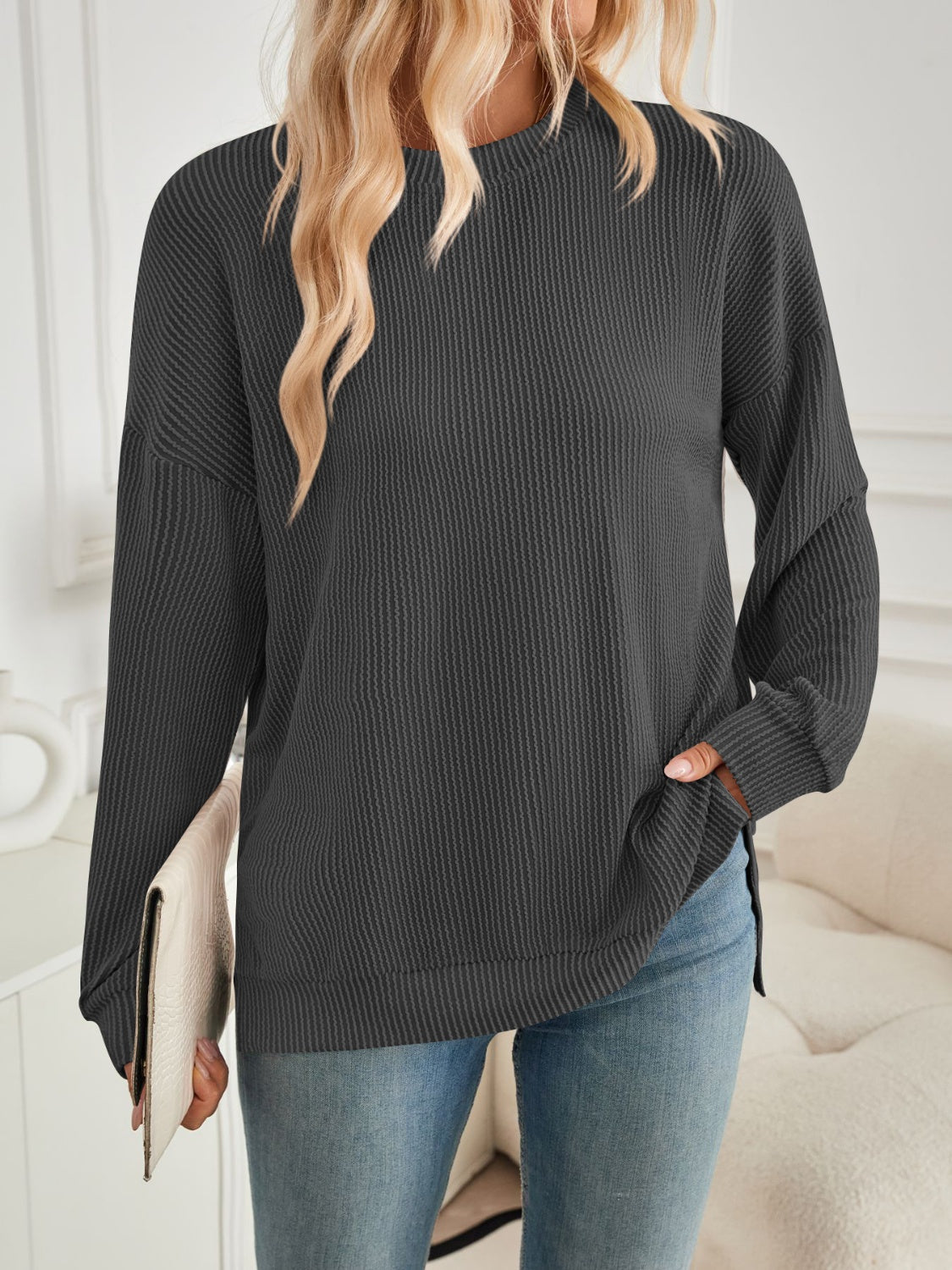 Lovelet Slit Round Neck Long Sleeve Sweatshirt