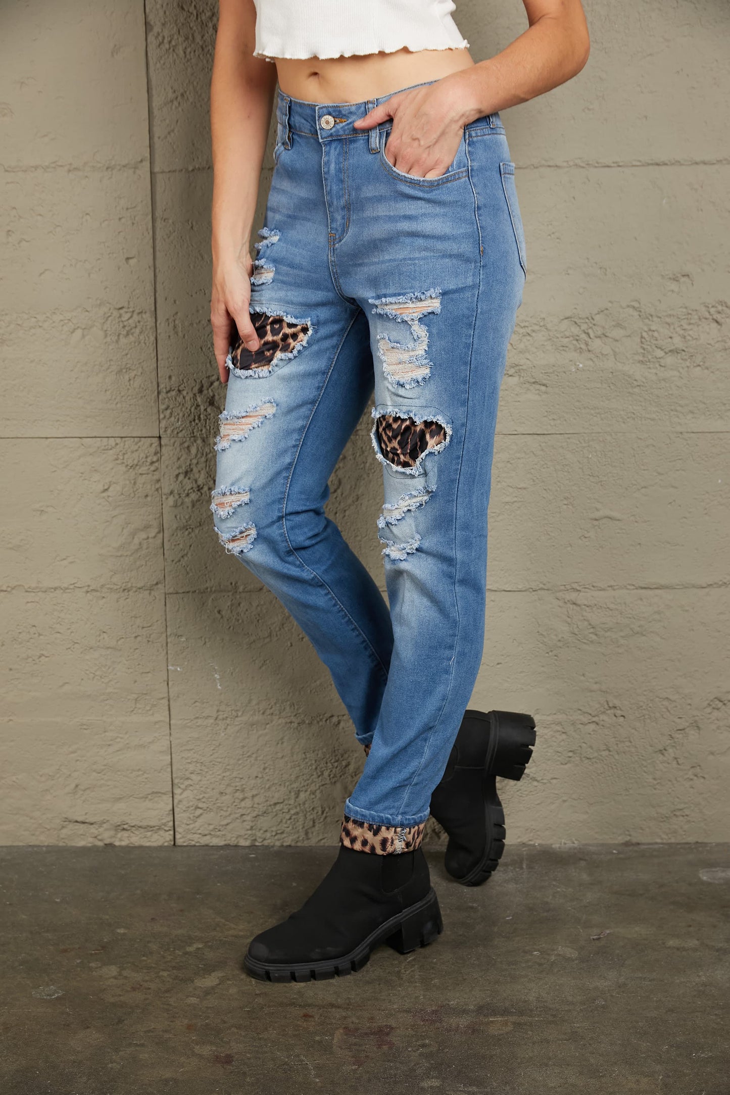 Baeful Leopard Patchwork Distressed Jeans