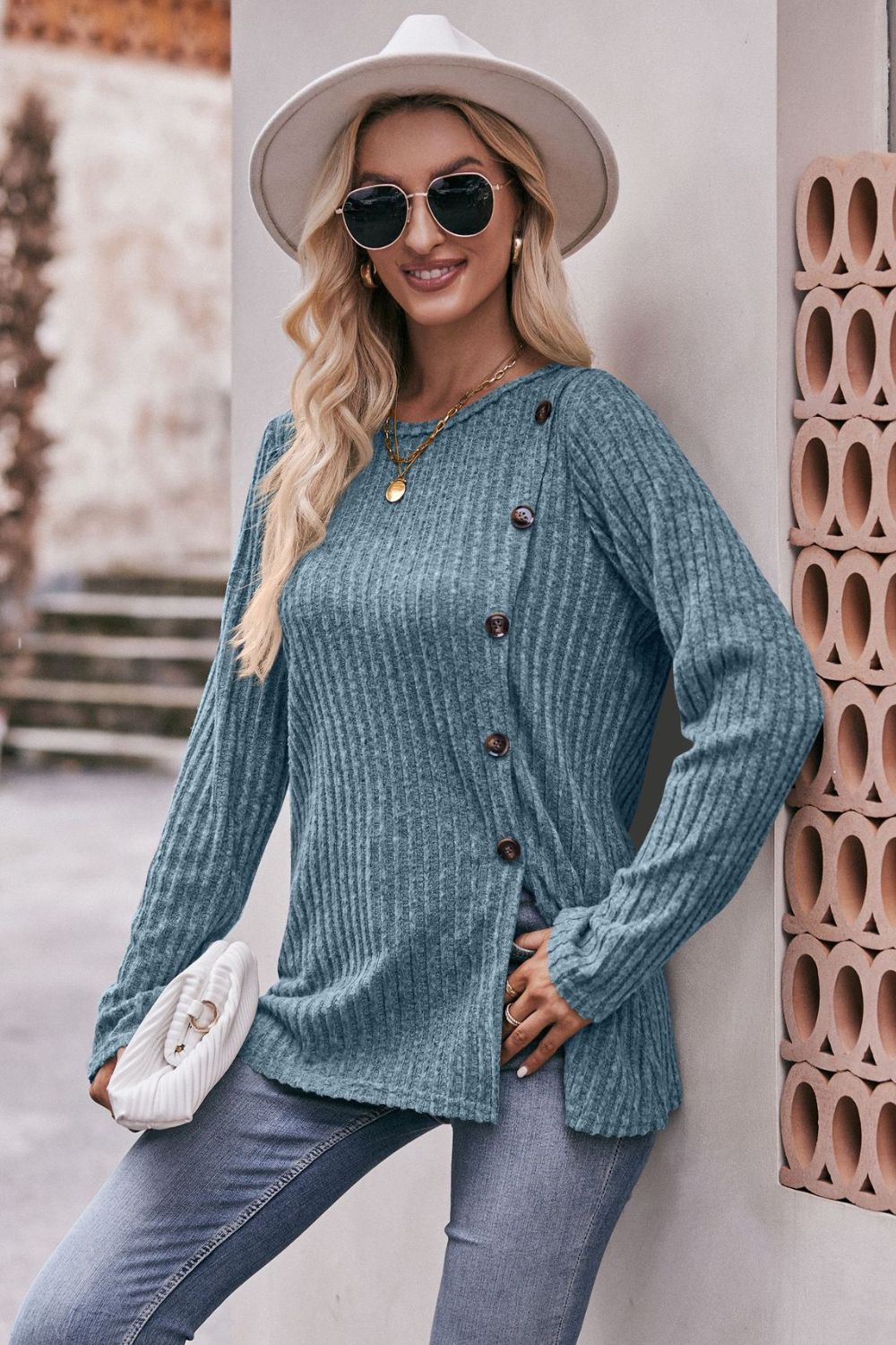 Mandy Ribbed Round Neck Buttoned Tee