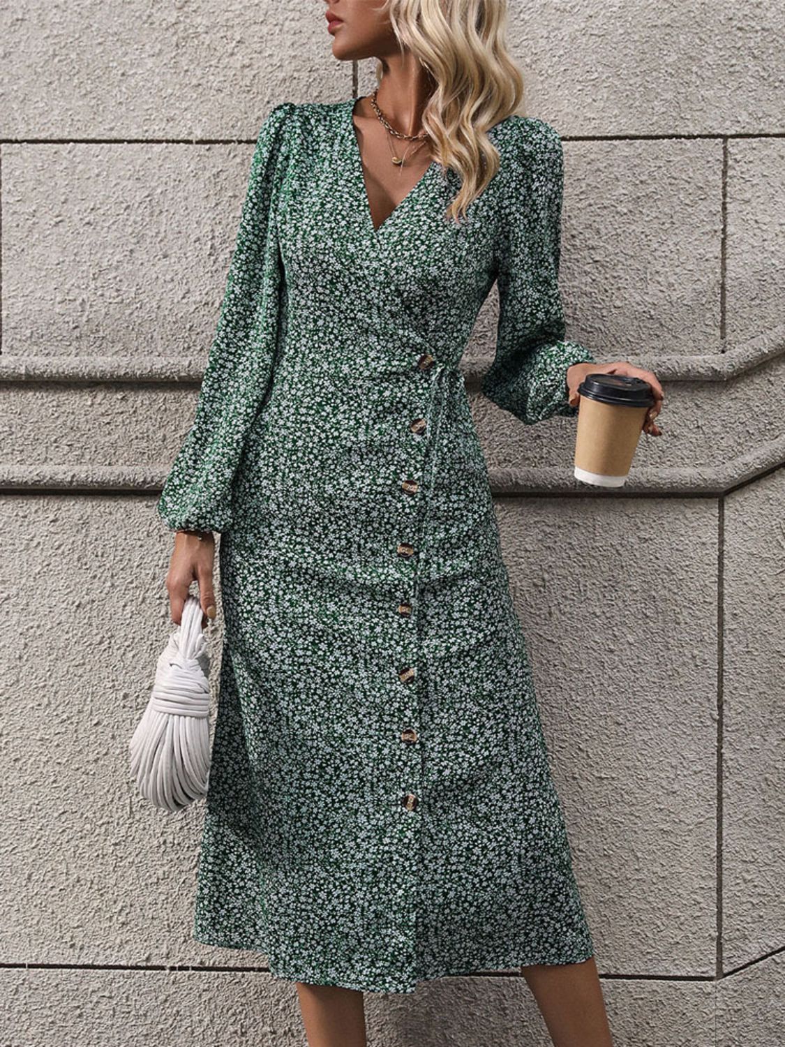 Perfee Printed Surplice Long Sleeve Midi Dress