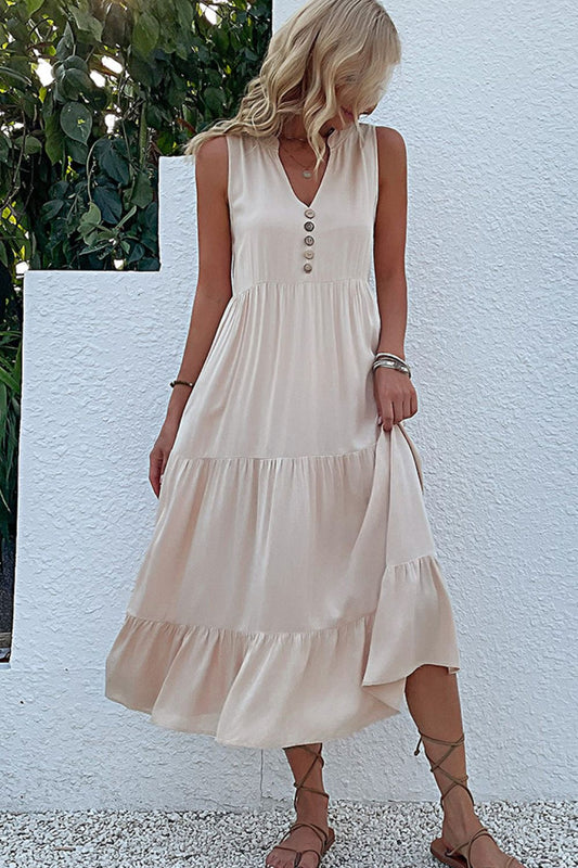 Perfee Decorative Button Sleeveless Tiered Dress