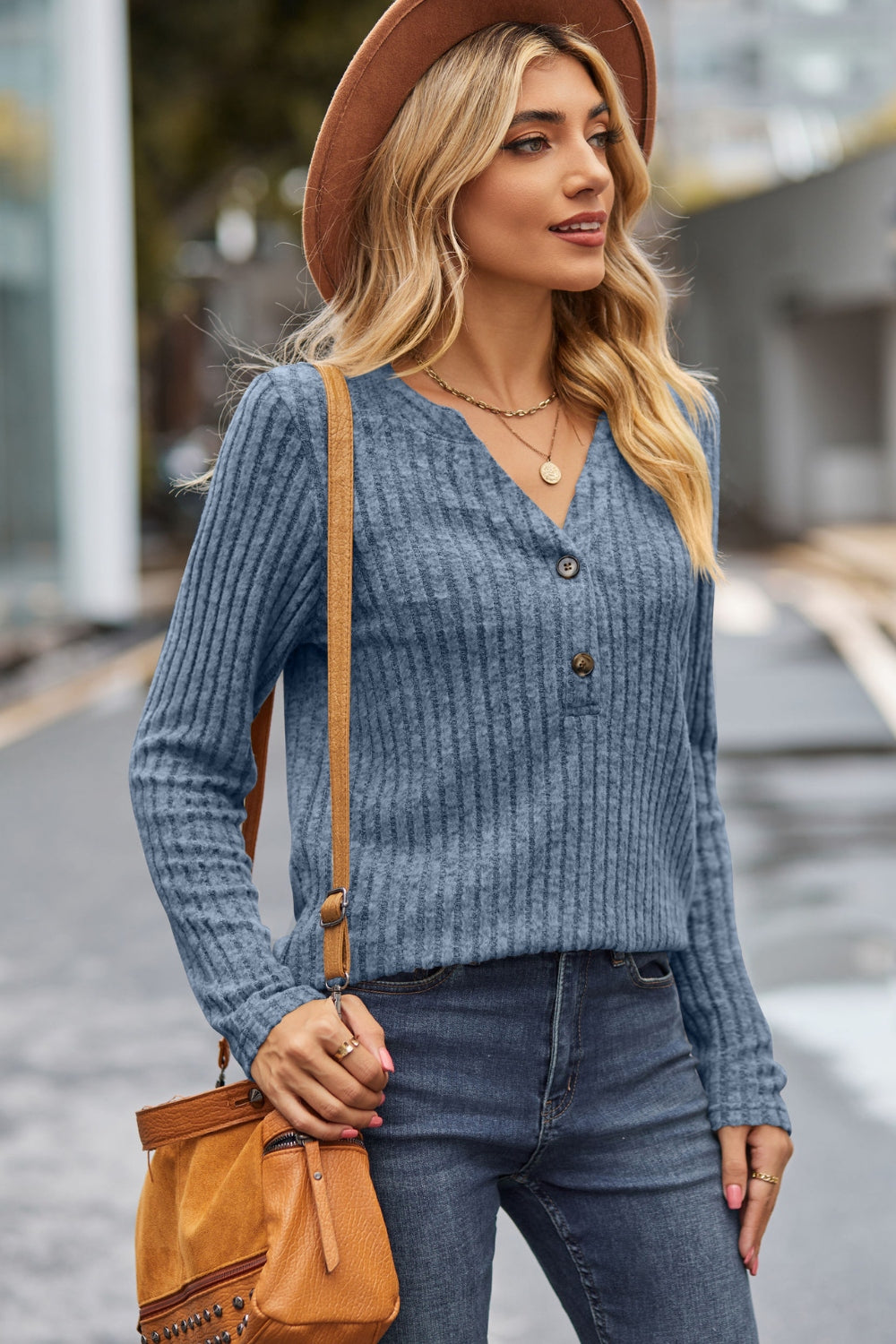 Lovelet Ribbed Half Button Long Sleeve Knit Top