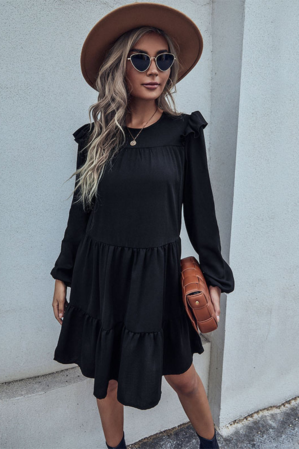 Perfee Ruffled Shoulder Tiered Dress