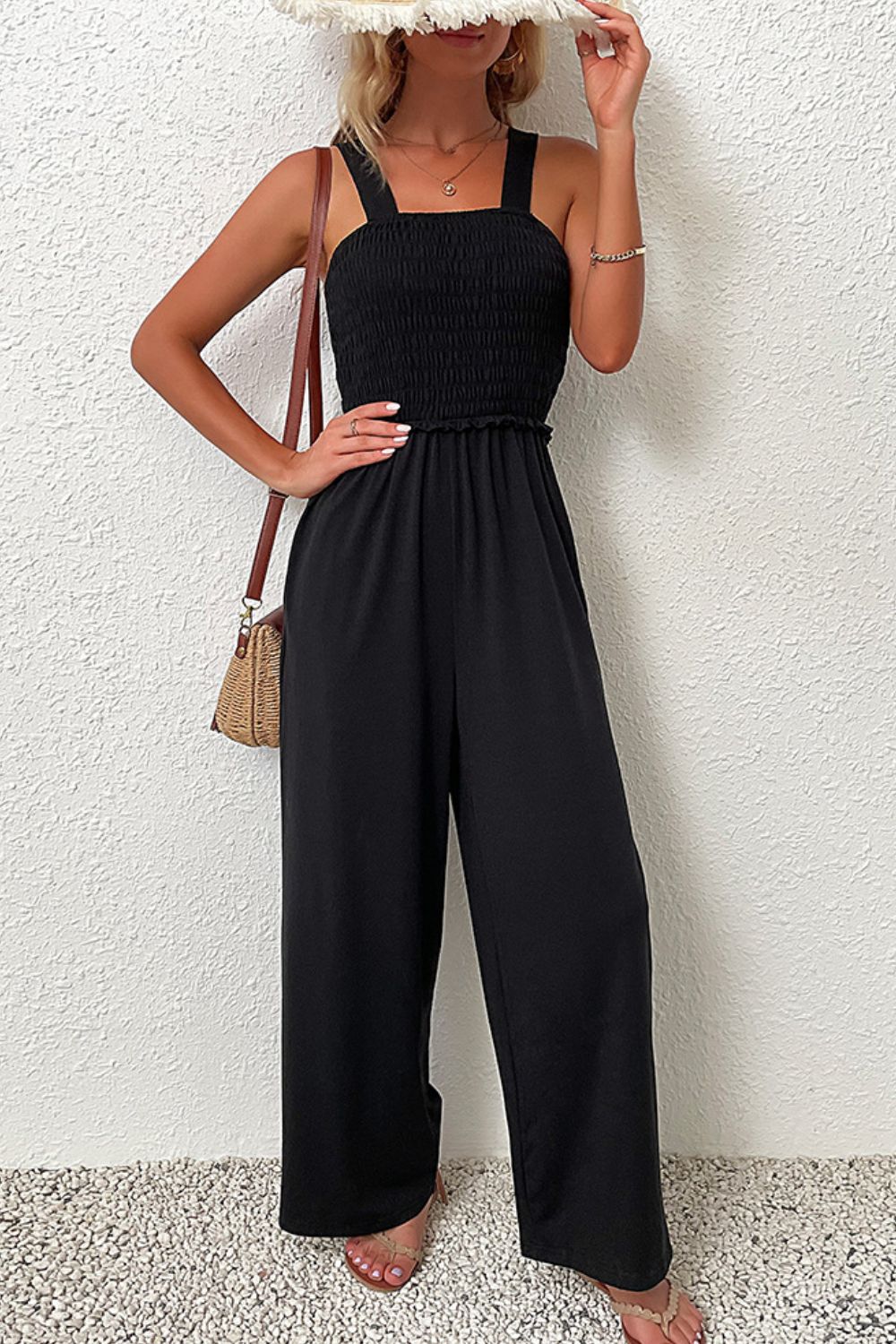 Perfee Smocked Sleeveless Wide Leg Jumpsuit with Pockets