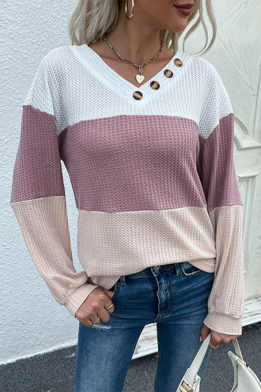 Perfee Color Block Waffle Knit Button Detail Top