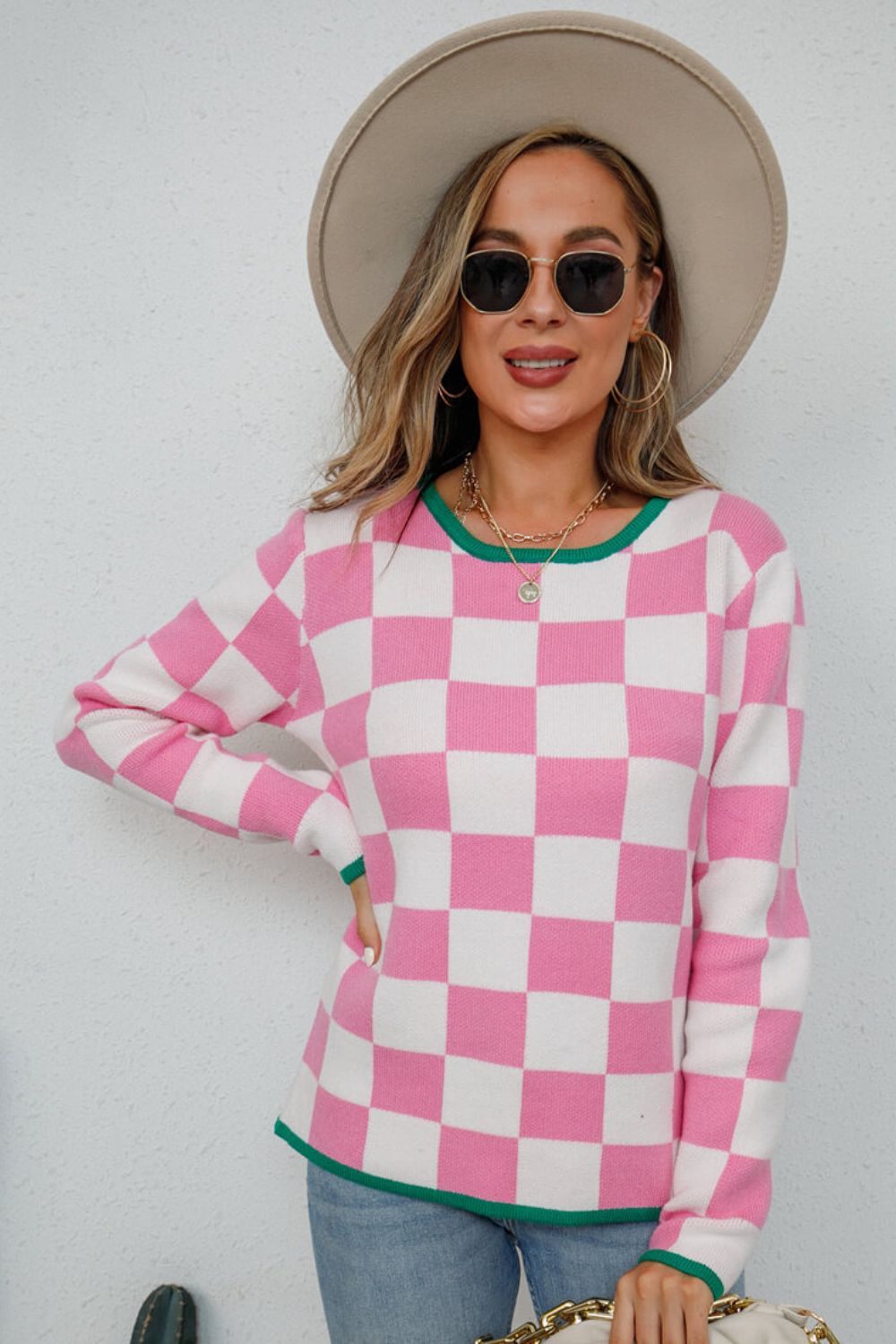 Angel Wings Checkered Round Neck Sweater