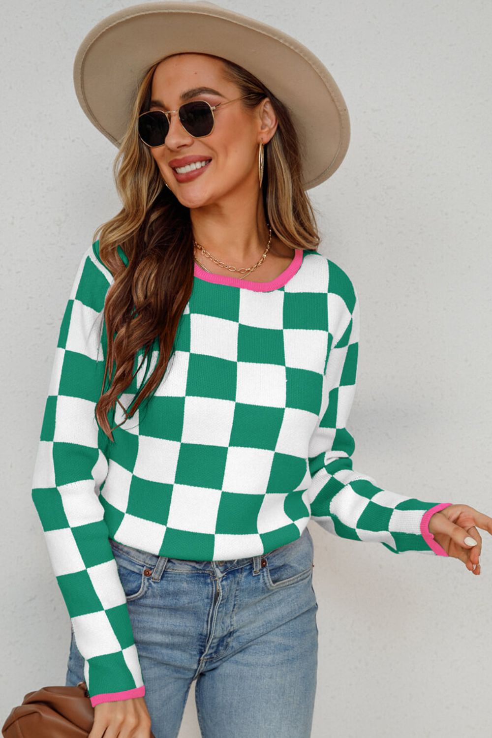 Angel Wings Checkered Round Neck Sweater