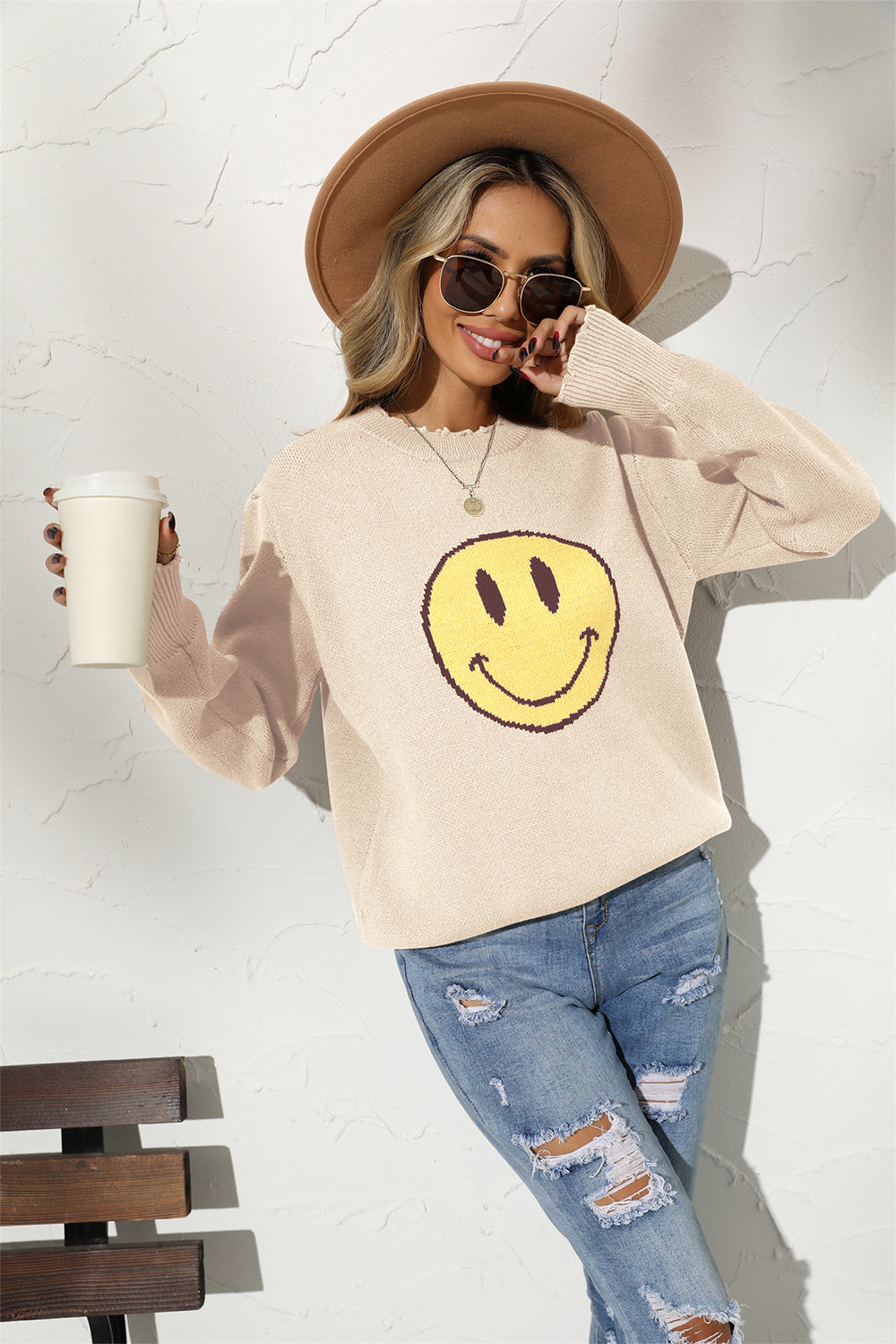 Angel Wings Round Neck Long Sleeve Smily Face Graphic Sweater