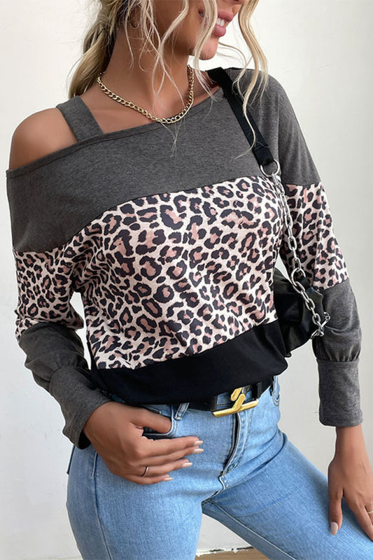 Perfee Leopard Print Color Block Cold  Shoulder Top