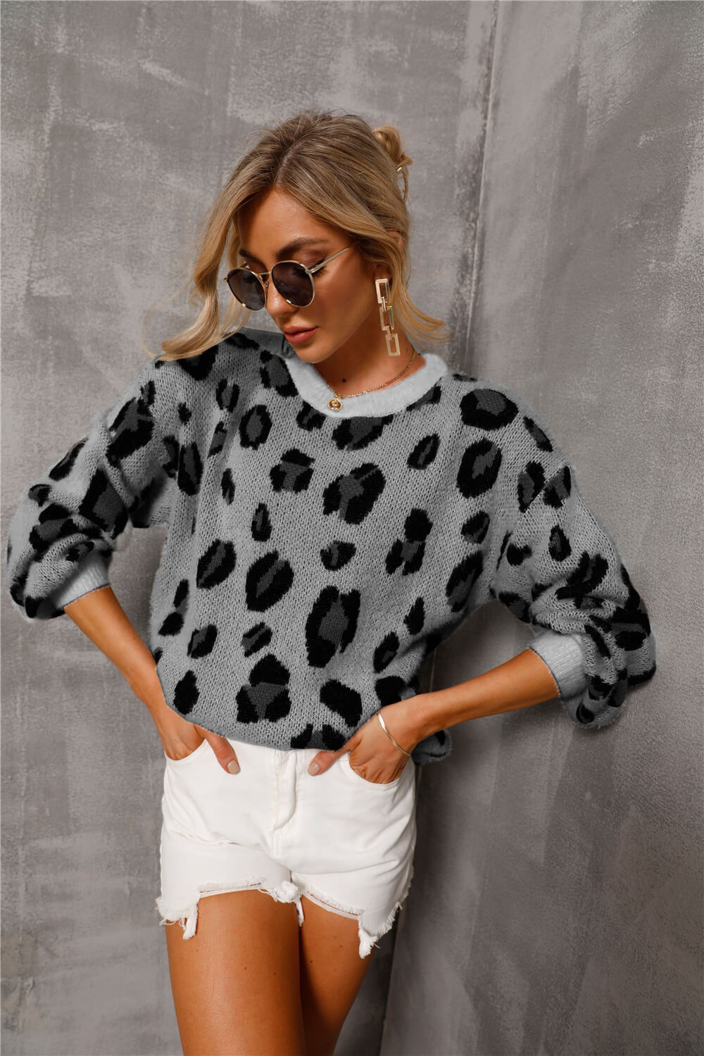 Angel Wings Animal Print Dropped Shoulder Knit Pullover