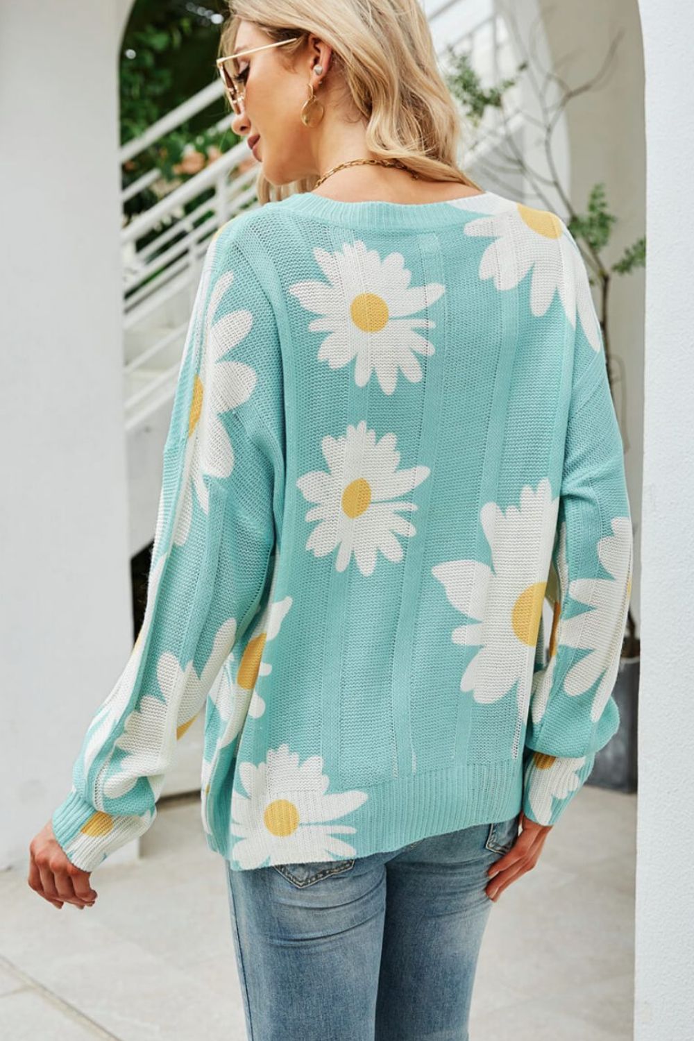 Angel Wings Daisy Print Openwork Round Neck Sweater