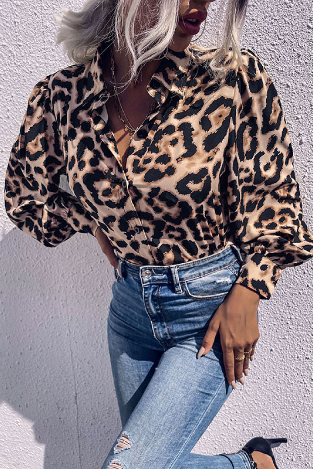 Perfee Leopard Printed Button Down Blouse