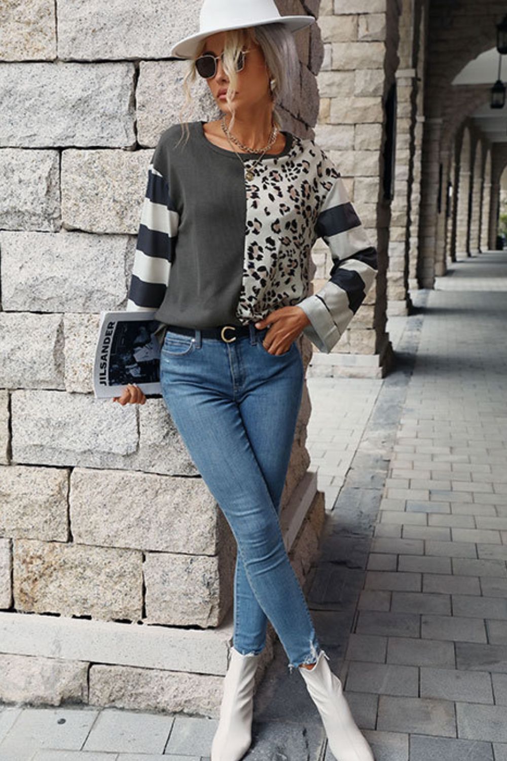 Perfee Leopard Striped Round Neck Long Sleeve Tee