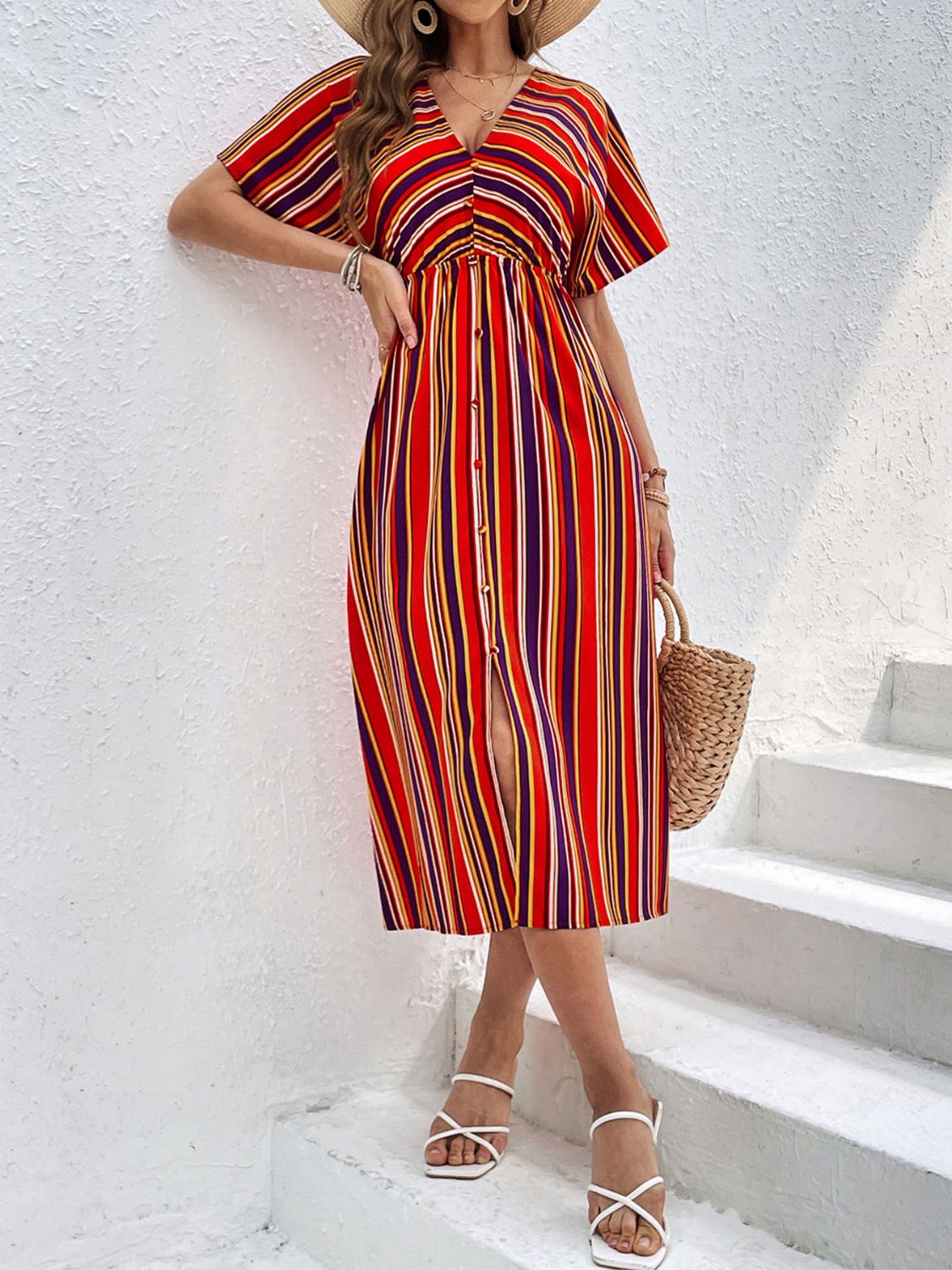 Perfee Slit Striped V-Neck Short Sleeve Midi Dress