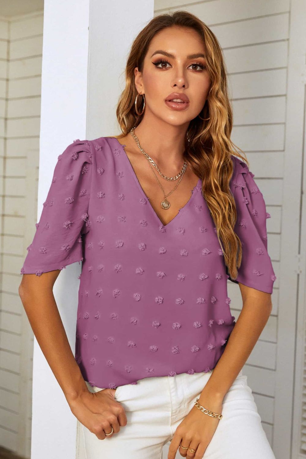 Mandy Swiss Dot V-Neck Puff Sleeve Blouse