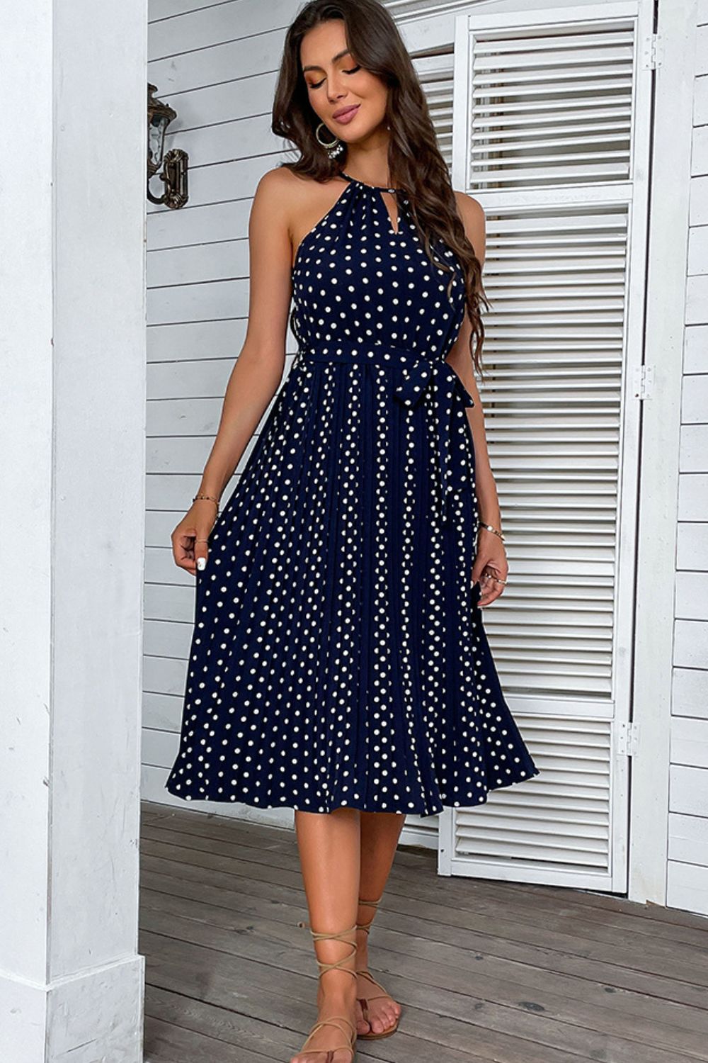 Perfee Polka Dot Tie-Waist Sleeveless Midi Dress