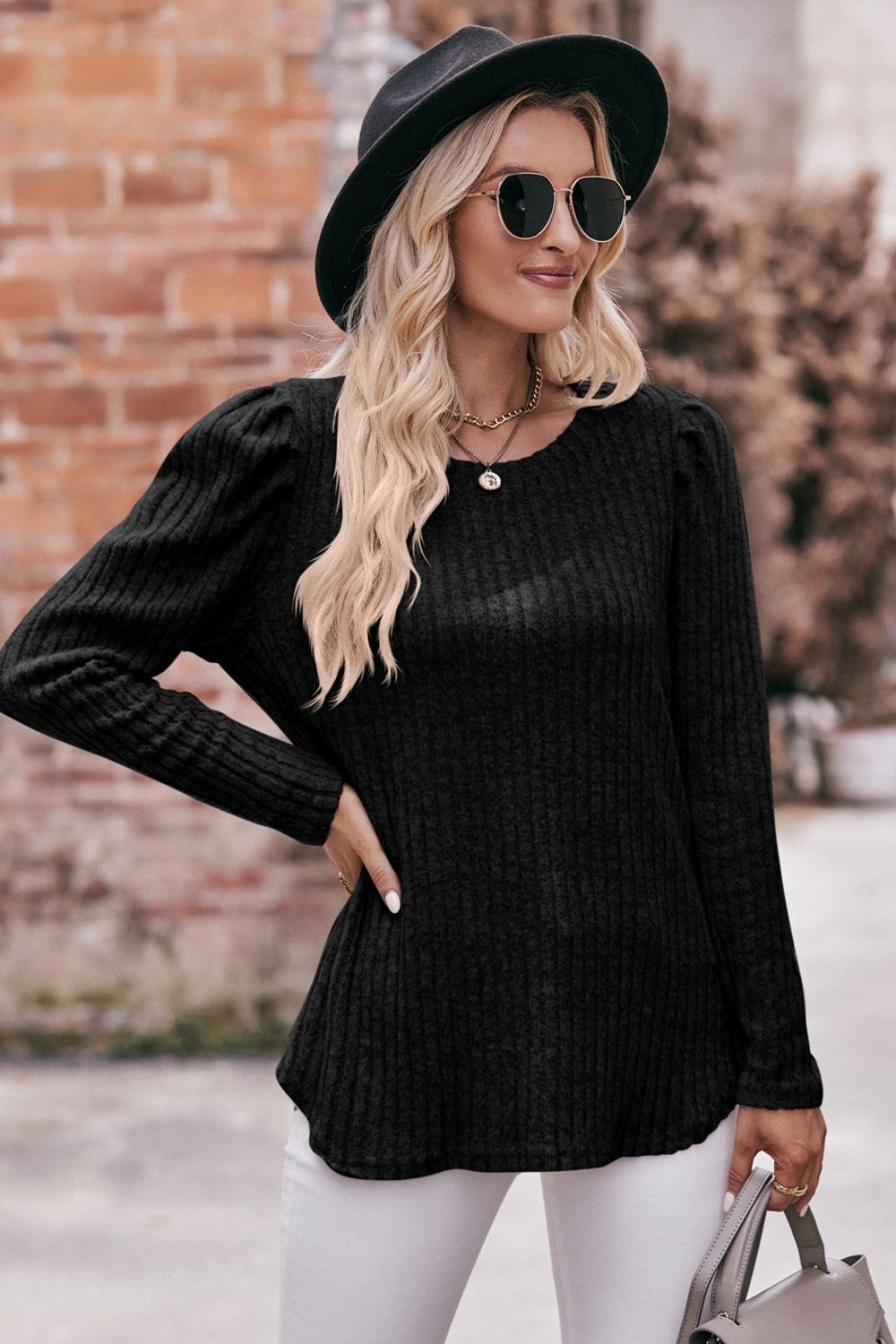 Mandy Round Neck Puff Sleeve Ribbed Top