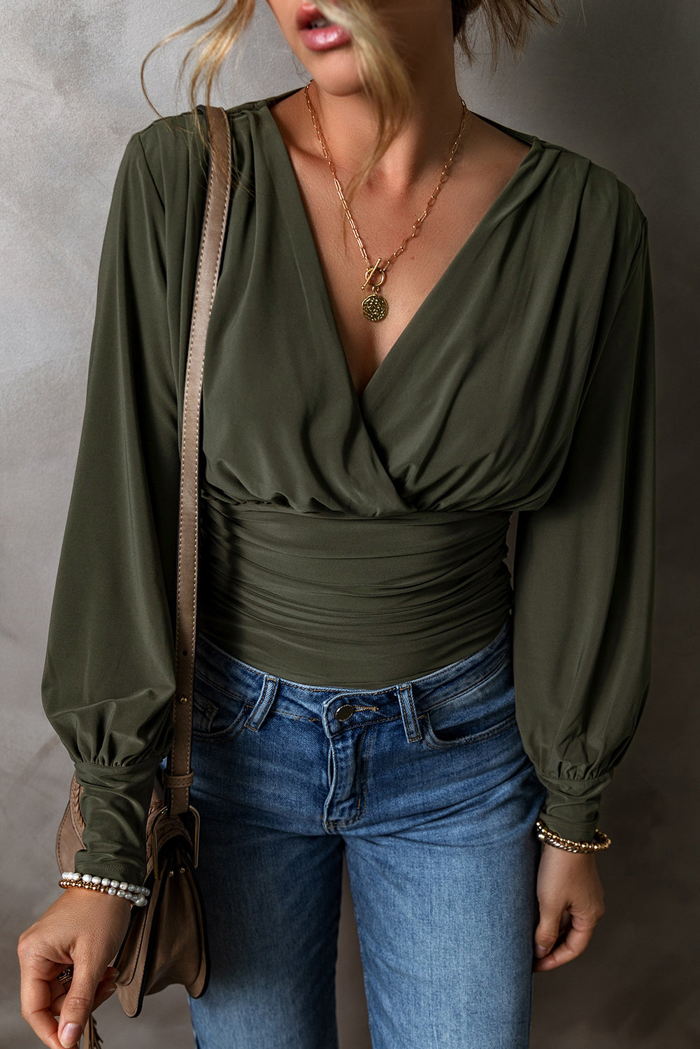 Moss Green Ruched Wrap V Neck Long Sleeve Bodysuit