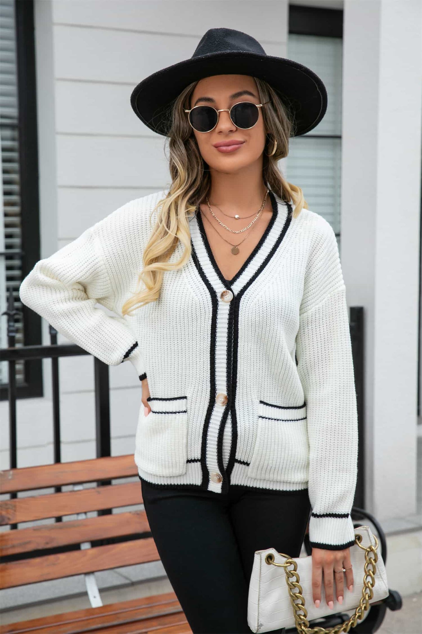 Angel Wings Waffle Knit V-Neck Cardigan with Pocket