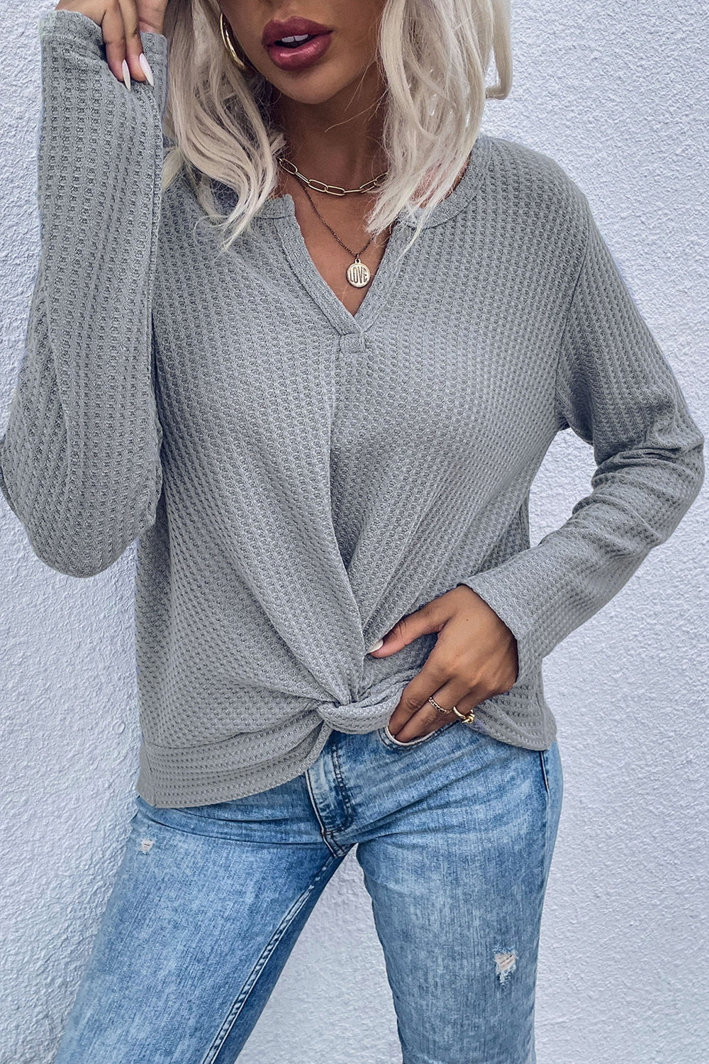 Perfee Twist Front Long Sleeve Waffle Knit Top